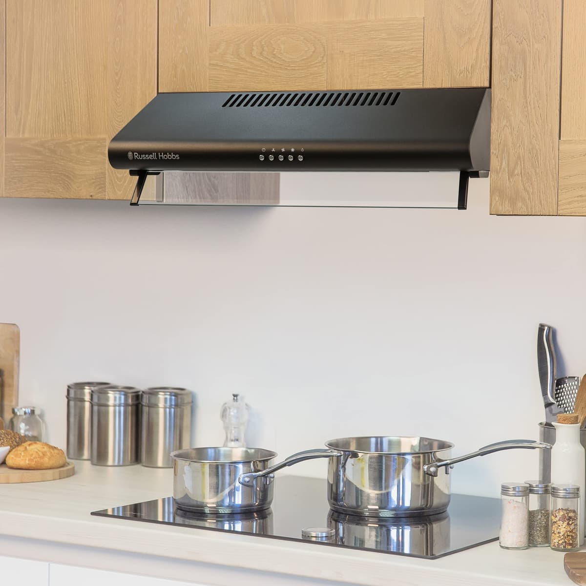 Russell Hobbs 60cm Wide Visor Cooker Hood in Black Steel, 3 Speed Settings, Washable Filters, LED Lights, Low Noise, Extraction and Recirculation, Premium Push Button Controls, RHVSRCH602B-M — view 3