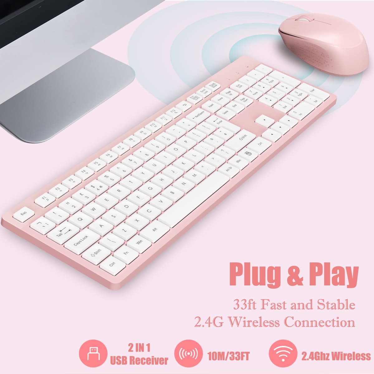LeadsaiL Wireless Keyboard and Mouse Set, 2.4GHz USB Computer Keyboards and Mouse Combo, Ergonomic Design with 12 Multimedia Shortcuts for HP/Lenovo Laptop and Mac-Pink — view 2