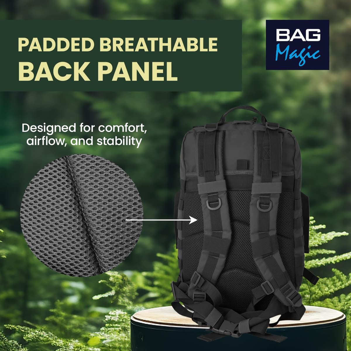 Military Tactical Backpack 21L – Heavy Duty Multi-Pocket MOLLE Rucksack with 180° Opening, Padded Breathable Back Panel, Adjustable Straps & Durable Zip Storage for Travel, Gym & Outdoor Use – Black — view 5