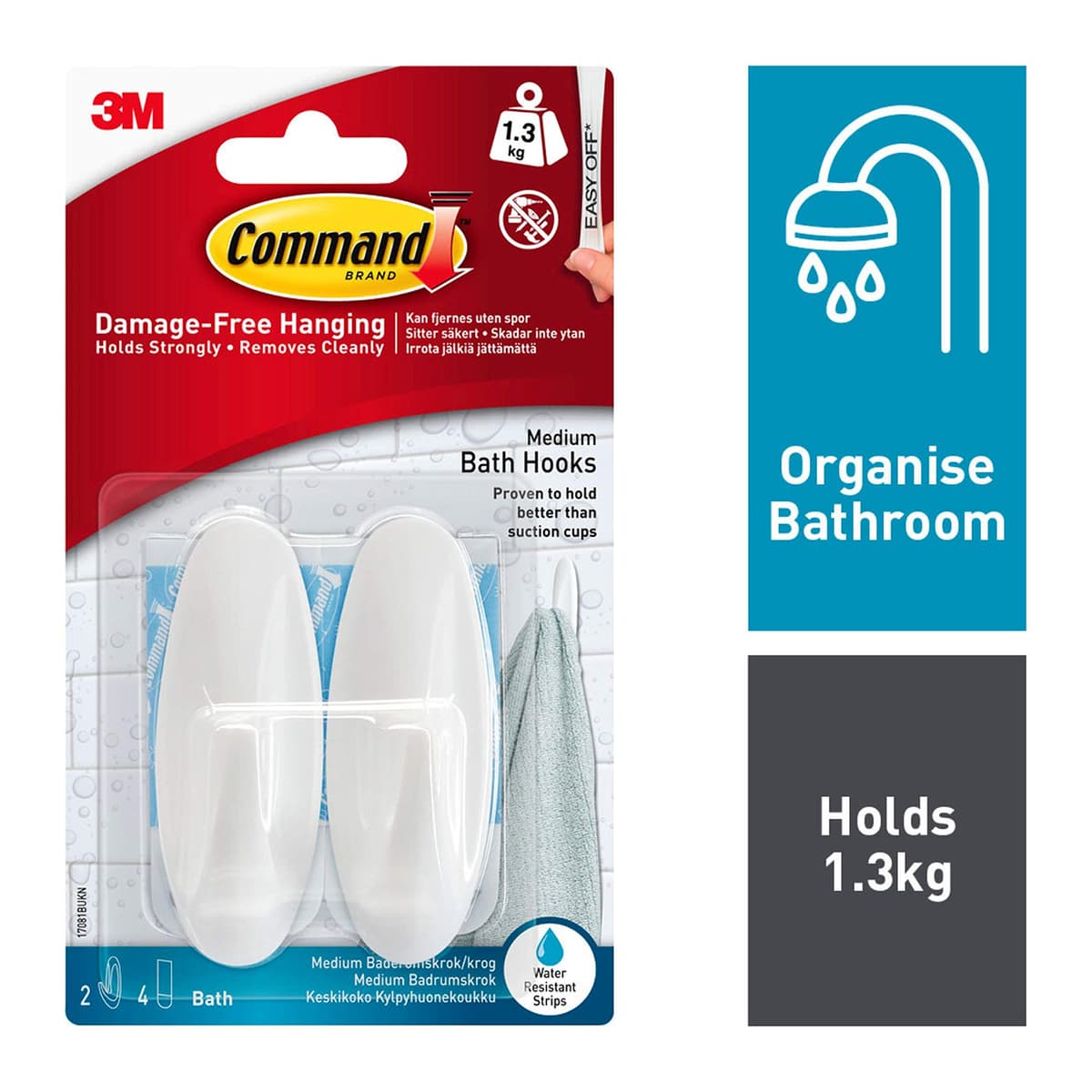 Command Bath Designer Hooks, White, Water Resistant - 2 Medium Hooks and 4 Adhesive Strips - Hang Towels, Robes and Other Bathroom Accessories - Ideal to Avoid Drilling Through Tiles — view 2