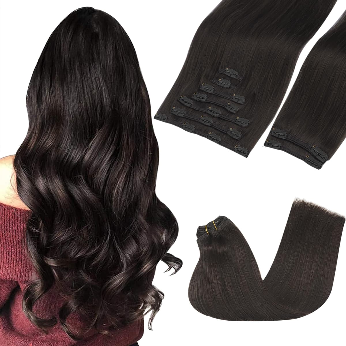 GOO GOO Clip in Hair Extensions Human Hair, 18inch 150g 9Pcs, #2 Dark Brown, Hair extensions for women, Human Hair Extensions Clip in