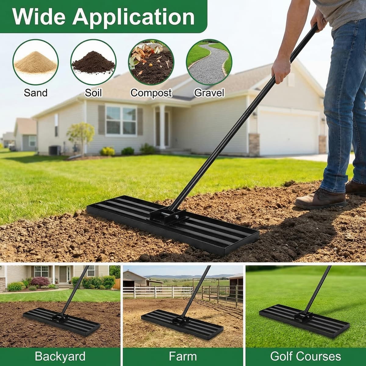 Lawn Levelling Rake, 76cm x 25cm Heavy Duty Metal Leveller with 200cm Ergonomic Long Handle, Gardening Tool for Smoothing and Leveling Uneven Lawn Surfaces Levleler — view 5