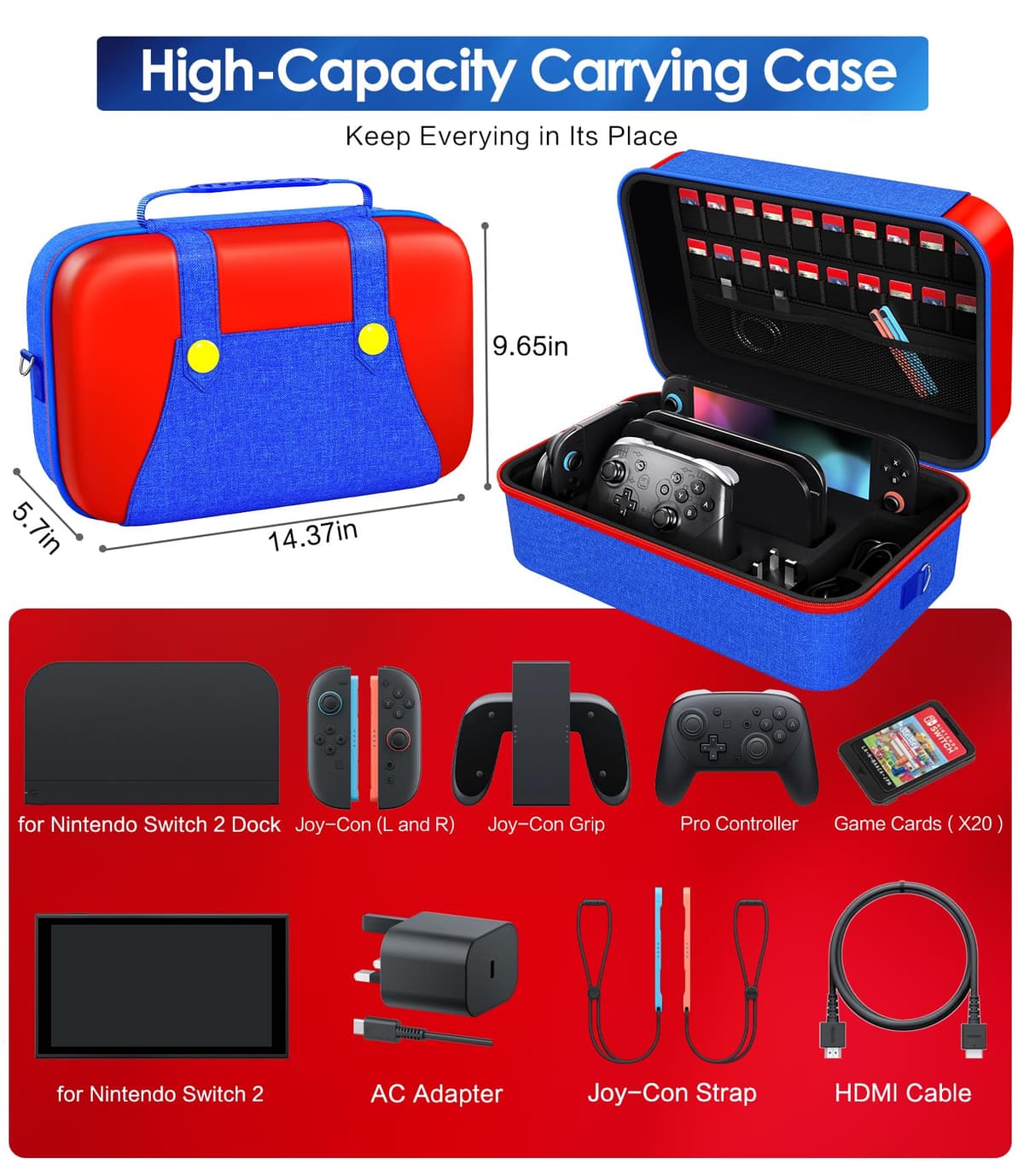 ivoler Carrying Storage All in One Case for Nintendo Switch 2, Portable Traveler Deluxe Carrying-All Protective Hard Messenger Bag Soft Lining Pouch 20 Games for Console & Accessories, Red+Blue — view 3