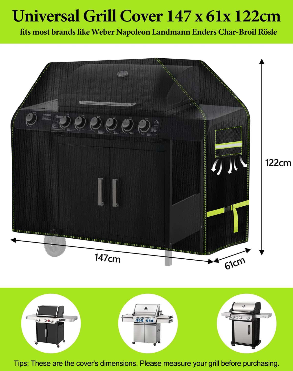 Funda Barbacoa Exterior Impermeable, VDISRR 600D Oxford Funda BBQ Exterior 147 * 61 * 122cm Funda Protectora para Barbacoa Anti-Viento/Agua/UV/Resistente al Desgarro — view 2