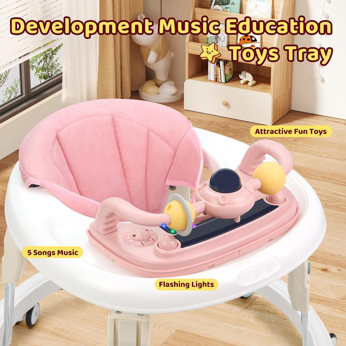 Baby Walker, Foldable Multi-Function Anti-Rollover Walker with Music Tray & Light, 7 Level Height Adjustable, Baby Walkers for 1 Year Olds Suitable for All Terrains (Pink) — view 2