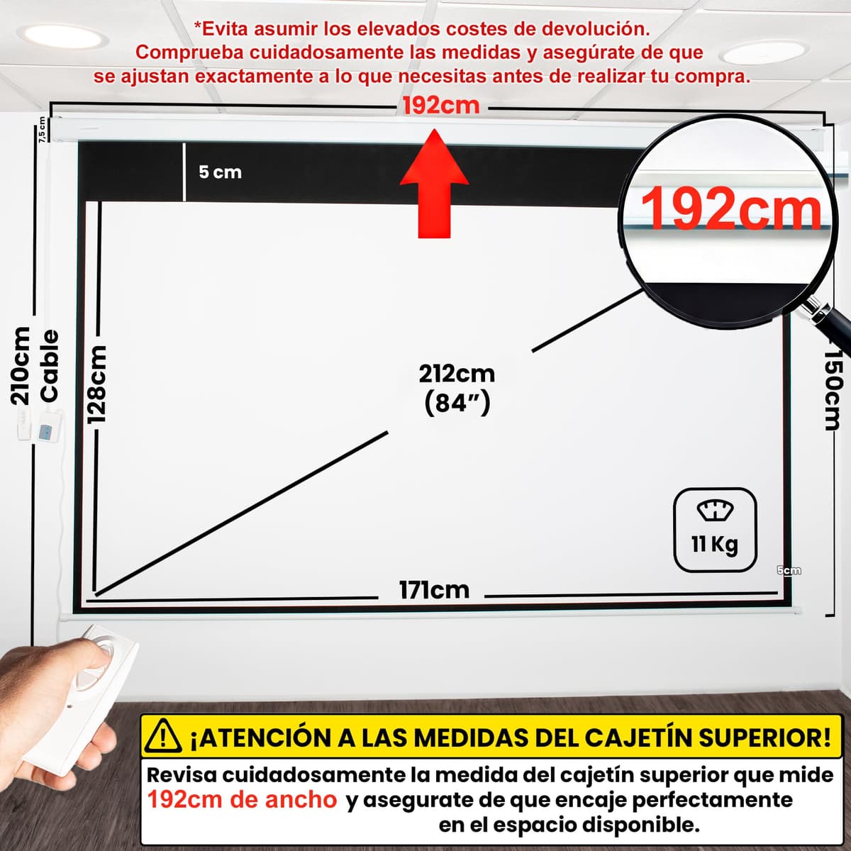 Pantalla de proyeccion electrica 84" para proyector, cajetin de Acero Lacado en Blanco, Pantalla para proyector electrica con Mando inalambrico, Auto Enrollable, Compatible con 4K (84 Pulgadas 4:3) — view 2