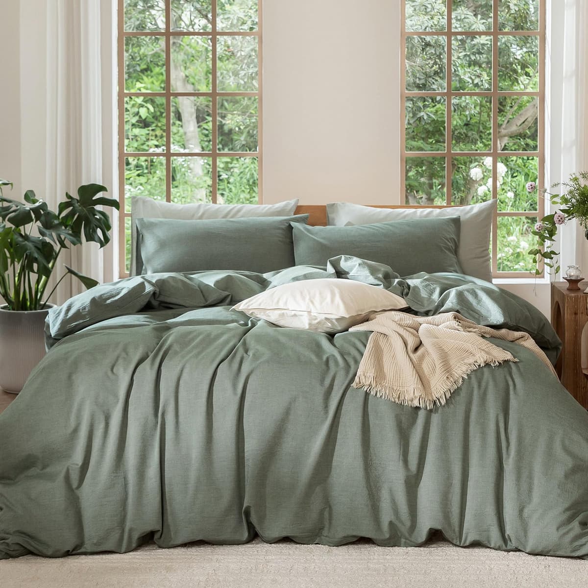 MooMee Bedding Duvet Cover Set 100% Washed Cotton Linen Like Textured Breathable Durable Soft Comfy (Tannish Linen Grey, King) — view 81