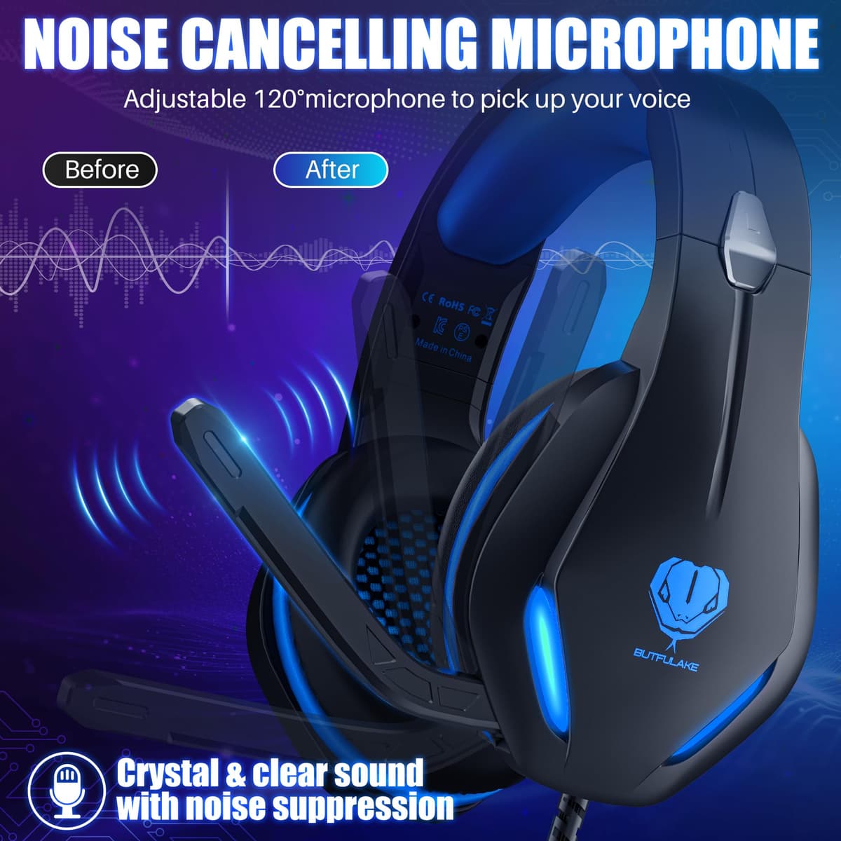 Stynice Gaming Headset with Microphone for Xbox PS5 PS4 PC - 3.5mm Jack Wired Headphones with Noise Cancelling Mic & LED - 50mm Audio Drivers & Soft Earpads — view 5