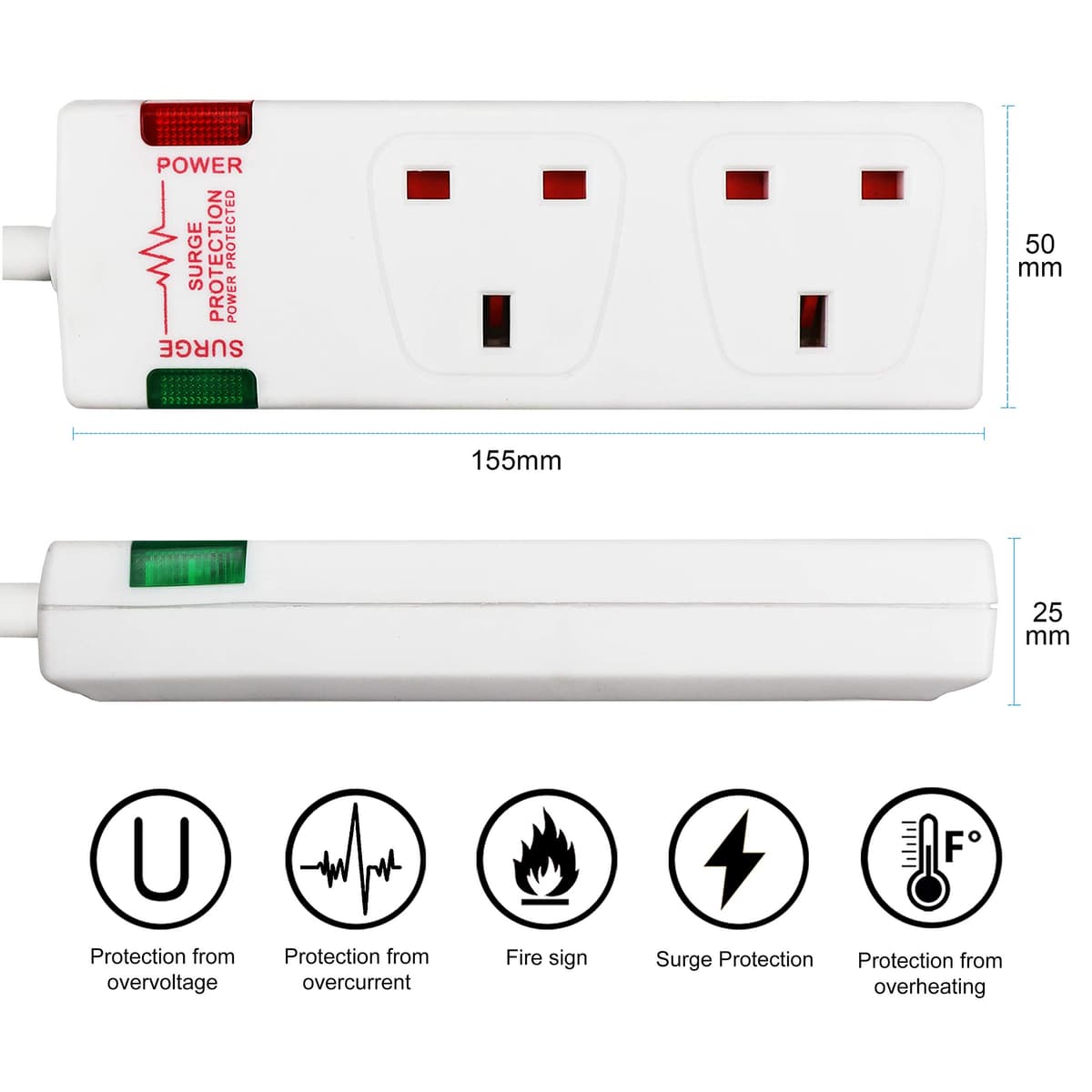 ExtraStar 2 Way Double Socket Power Mains Extension Lead 1M Metre Cable - Surge Protected British Approved 13A - White — view 2