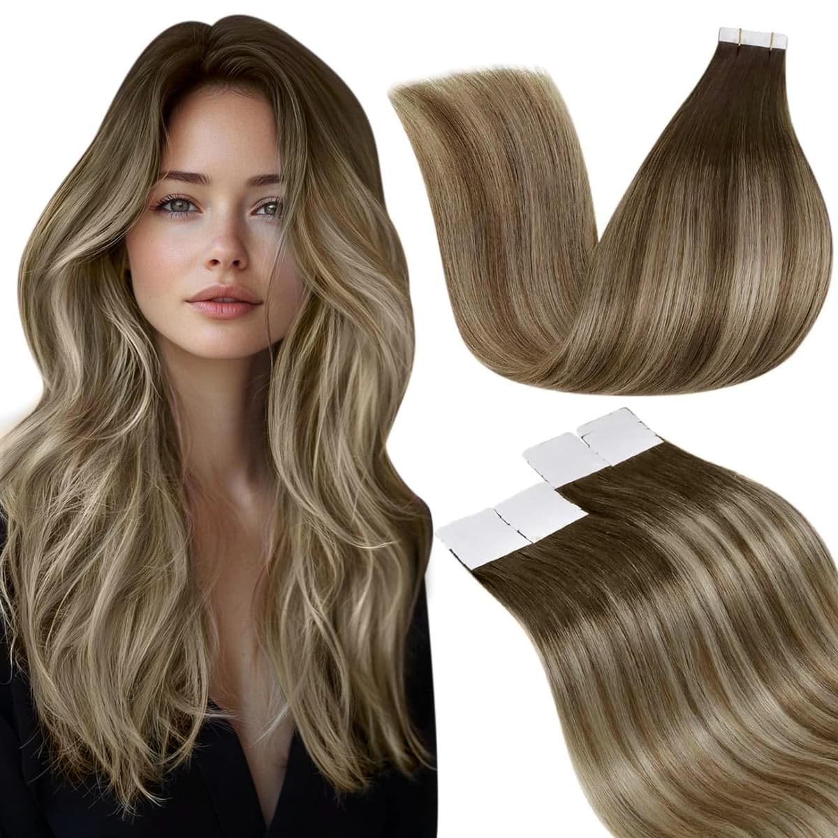 LaaVoo Tape in Hair Extensions Human Hair Blonde Tape Hair Extensions Real Human Hair Invisible Tapes Remy Straight Balayage Brown to Blonde Hair Double Sided Tabs 20pcs 50g 16 Inch #8/18/60 — view 25