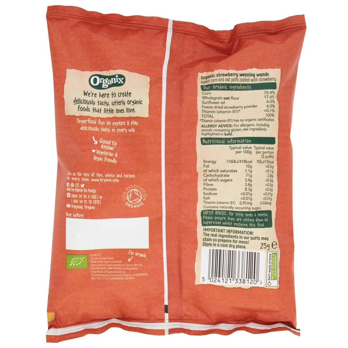 Organix Strawberry Weaning Wands, Organic Baby Snack, 6+ Months, Vegan, 25 g (Pack of 5) — view 2