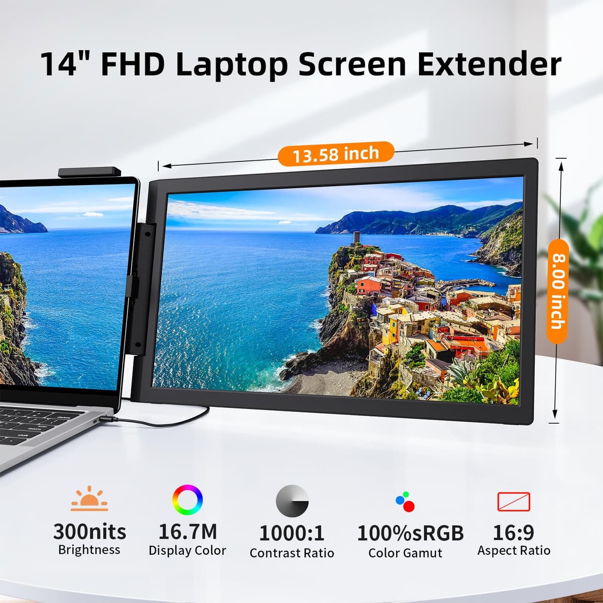 Laptop Screen Extender, 14" 1080P Portable Monitor, Type-C HDMI Plug and Play for 13.3" - 16.1" Laptops, 270° Rotation Attachment Display for Windows/MacOS/Chrome Laptop Phone — view 3