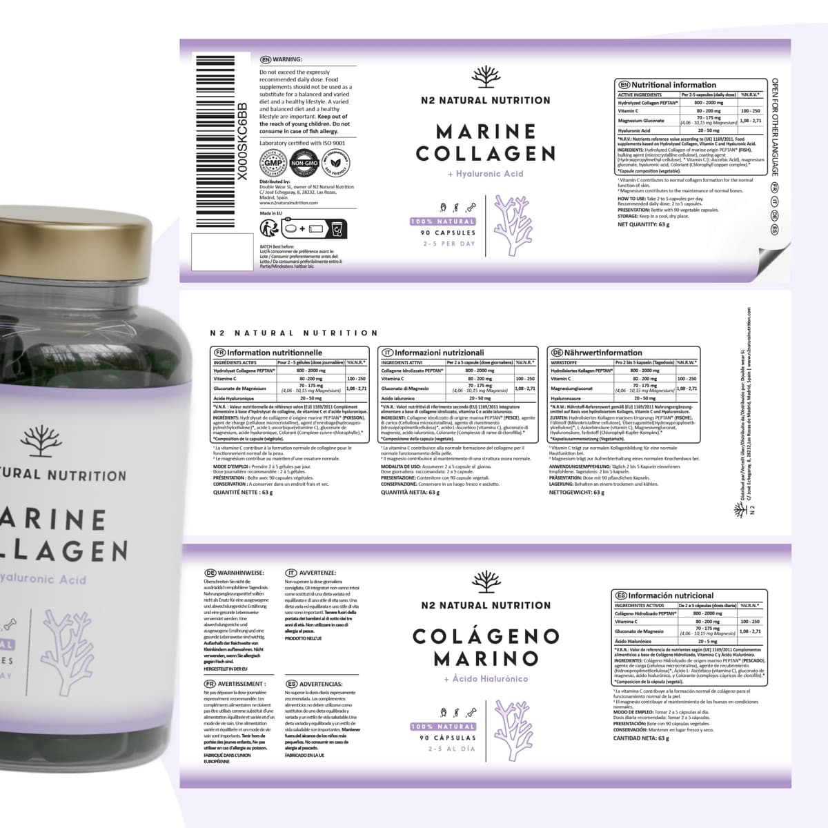 Colageno Marino Hidrolizado Puro. Peptan. Con Ácido Hialurónico y Vitamina C. 90 Caps. Alta Concentración. Suplemento Articulaciones, Piel y Huesos. Colageno con Magnesio. N2 Natural Nutrition — view 10