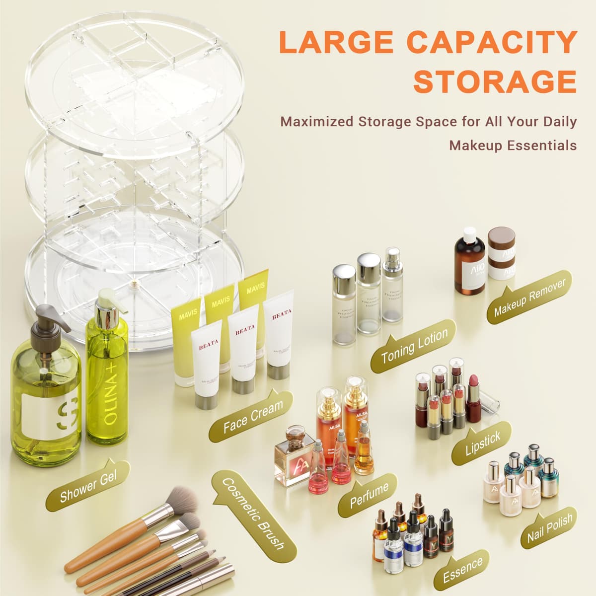 Auxmir Rotating Makeup Organiser, 9-Tier Adjustable Makeup Organiser with 360 Degree Rotation, Large Capacity Spinning Makeup Storage on Stand Revolving for Vanity Table, Bedroom, Bathroom — view 5