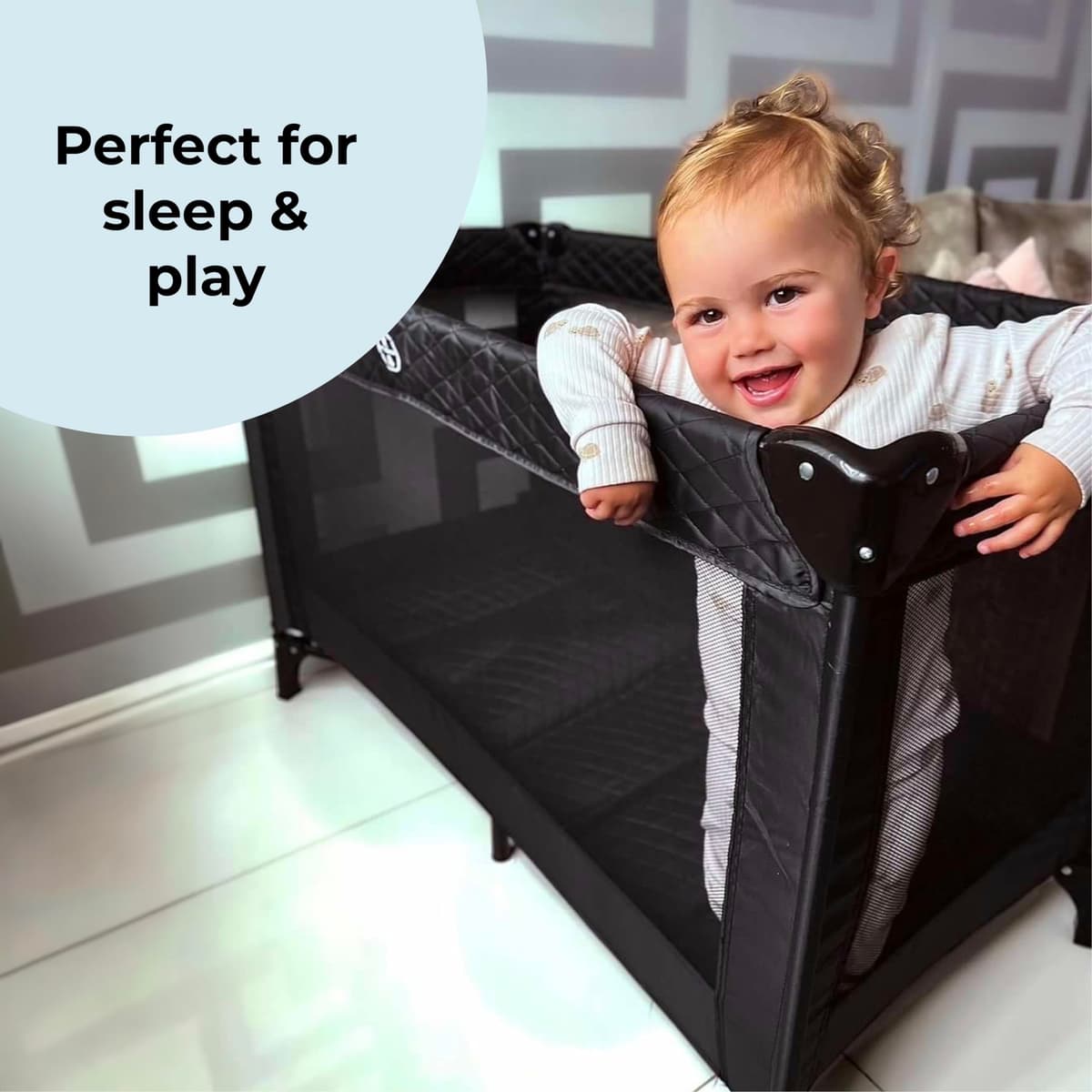My Babiie Travel Cot - Lightweight, From Birth to 15kg, Easy Fold & Compact, Travel Bag, 120cm x 60cm Padded Mattress - Quilted Black — view 5