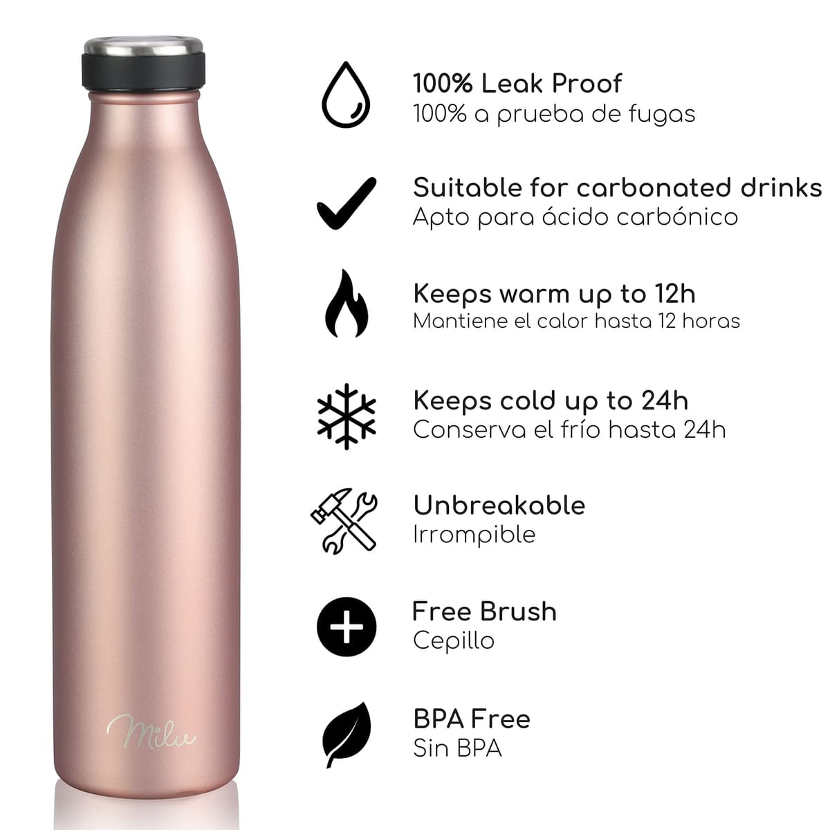 Milu Botella de acero inoxidable de 350ml 500ml 750 ml 1 L 1,5 L botella de agua aislada, termo a prueba de fugas, doble pared, apta para ácido carbónico + cepillo de limpieza (Azul Violeta, 350ml) — view 69