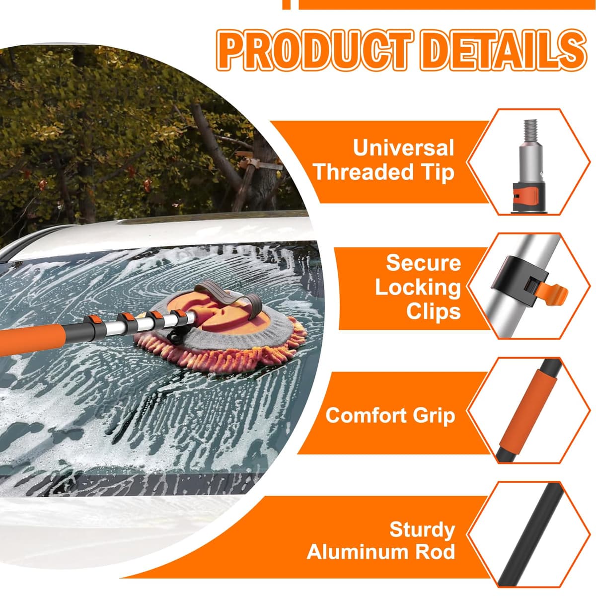 3.6m Car Wash Brush Long Handle, Car Cleaning Brush Kit with Soft Bristle Brush, Microfiber Cleaning Mop, Telescopic Window Cleaner, Mitt, Wheel Brush, Bucket for Caravan, Solar Panel, Boat — view 3
