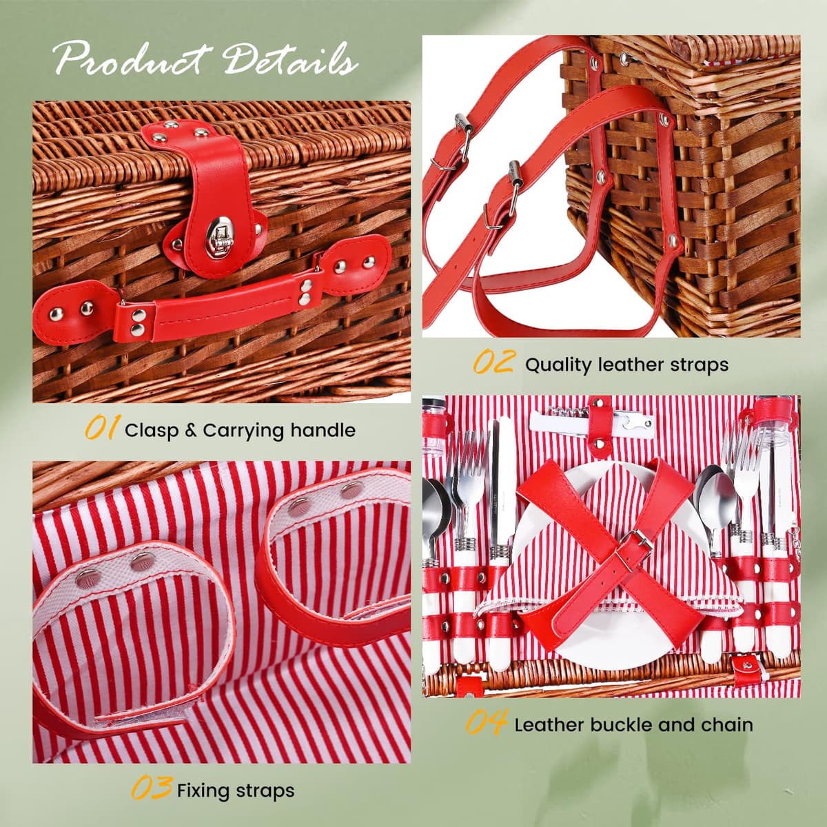 Cesta Picnic 4 Personas,Set de Picnic de Mimbre con Manta de Picnic Impermeable y Juego de Cubiertos, Cesta de Picnic para Camping,Rosa — view 3