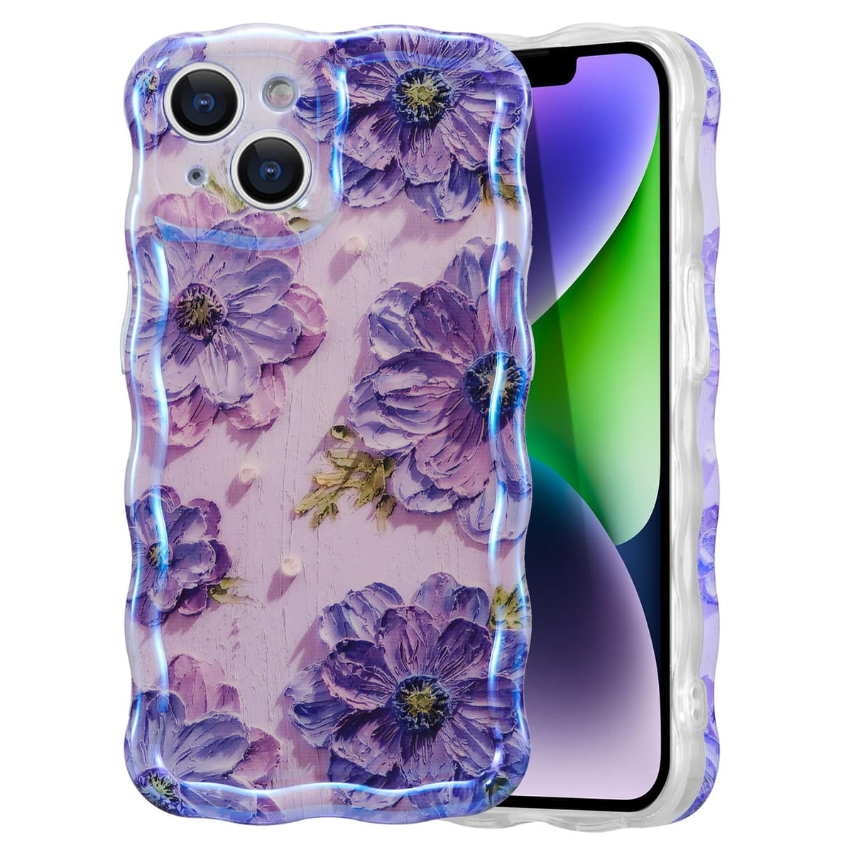EYZUTAK Case for iPhone 16, Colorful Retro Oil Painting Printed Flower Laser Glossy Pattern Cute Curly Wave Edge Exquisite Phone Cover Stylish Durable TPU Protective Case for Girl Women-Green — view 37
