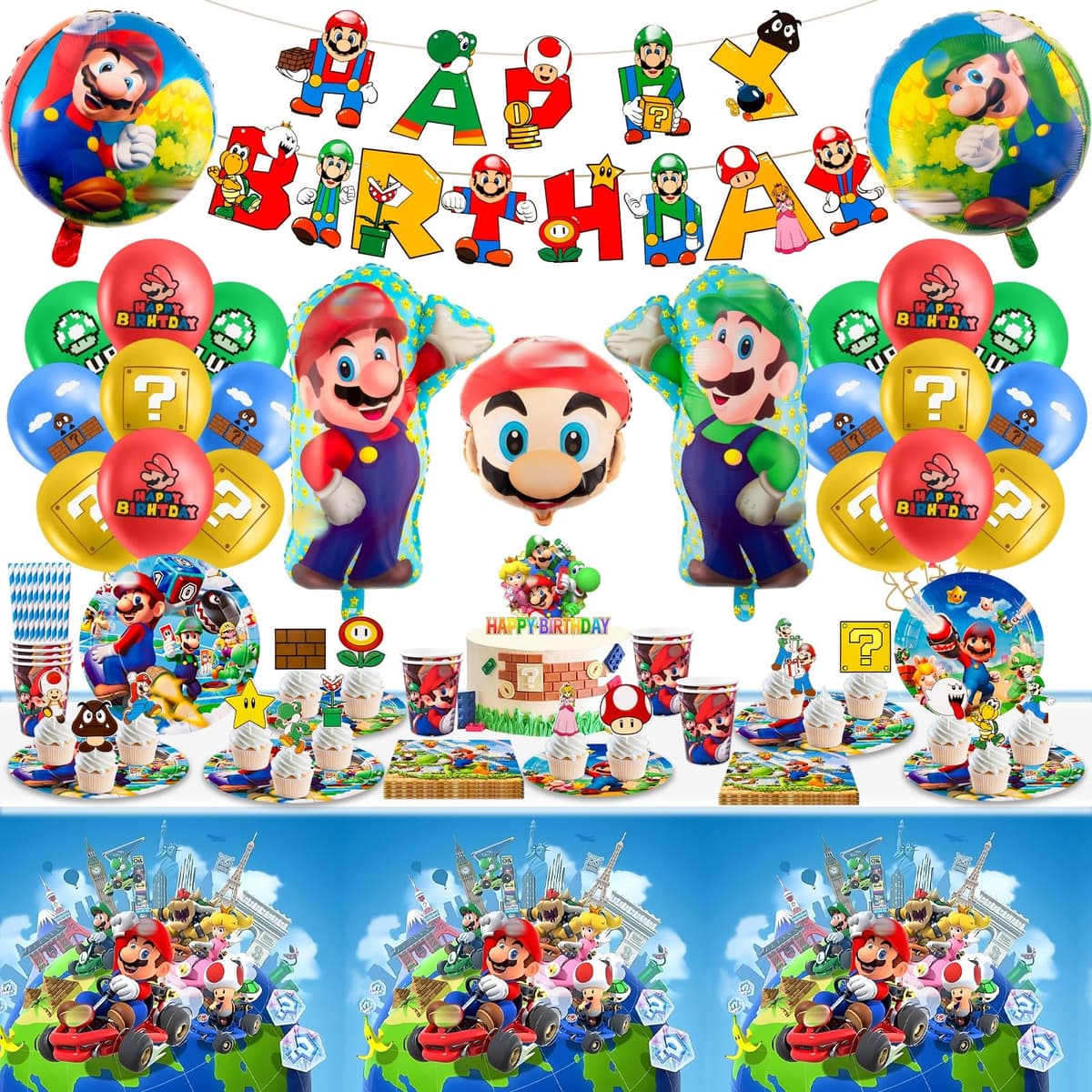 86Pcs Mro Birthday Party Decorations, Game Theme Party Tableware, Happy Birthday Banner, Cake Toppers, Foil Balloons, Party Plates Cups and Tablecloth, Birthday Decorations Supplies for 10 Guests