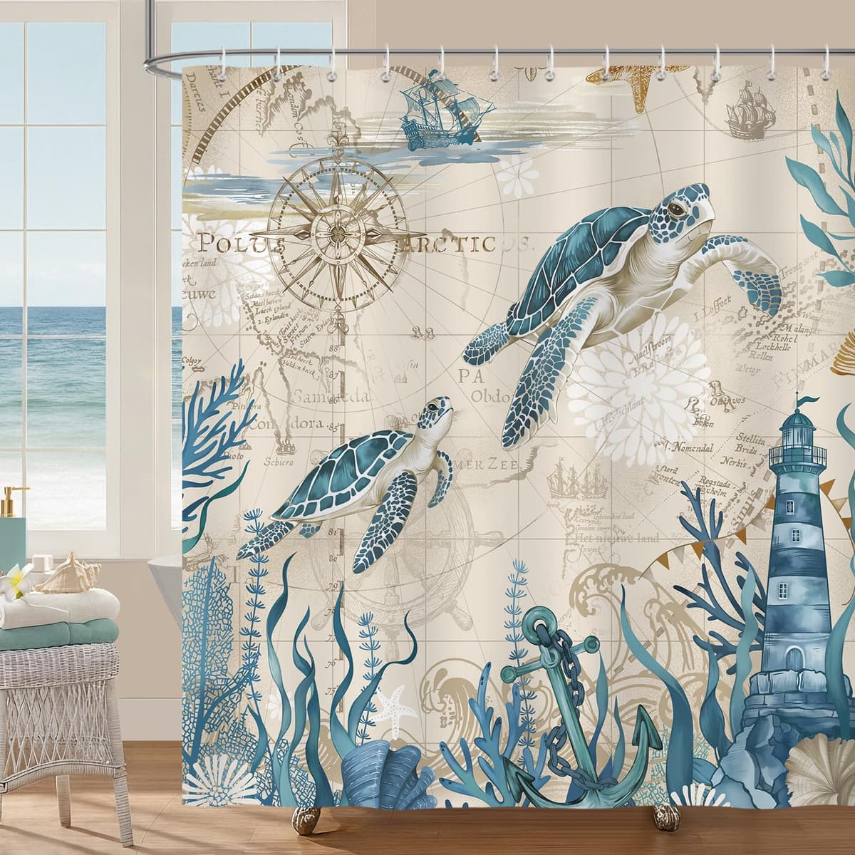 Bonhause Cortina de Ducha Tortuga Marina Náutico Costera Océano Cortina de Baño de Poliéster Impermeable Antimoho Lavable Cortina Ducha 180 x 180 cm con 12 Ganchos — view 2