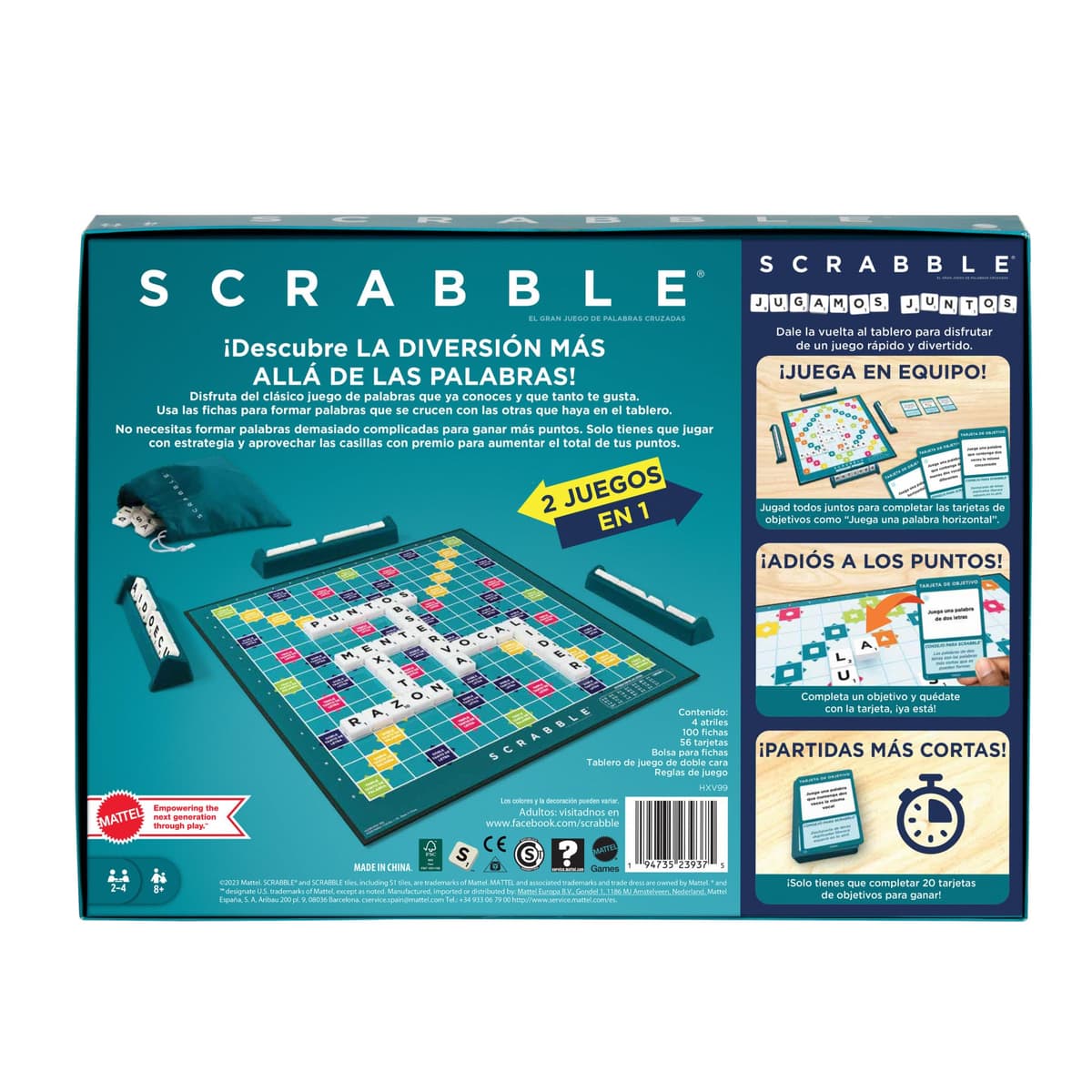 Mattel Games Scrabble 2 Juegos en 1 , juego de mesa familiar, palabras cruzadas, incluye tablero con 2 caras, 50 tarjetas con objetivos , 2-4 jugadores , +10 años, versión español (HXV99) — view 4