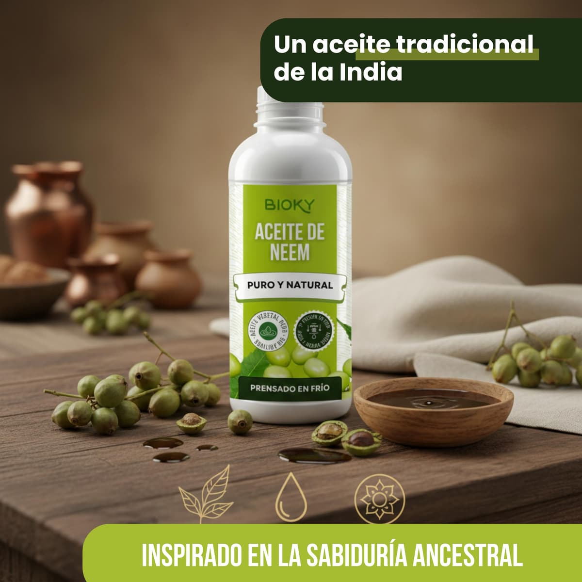 Bioky Aceite de Neem Puro 500 ML - 1ª Presión en Frío, 100% Natural, Virgen y Sin Aditivos - Varios Formatos de 250ML a 20L — view 3