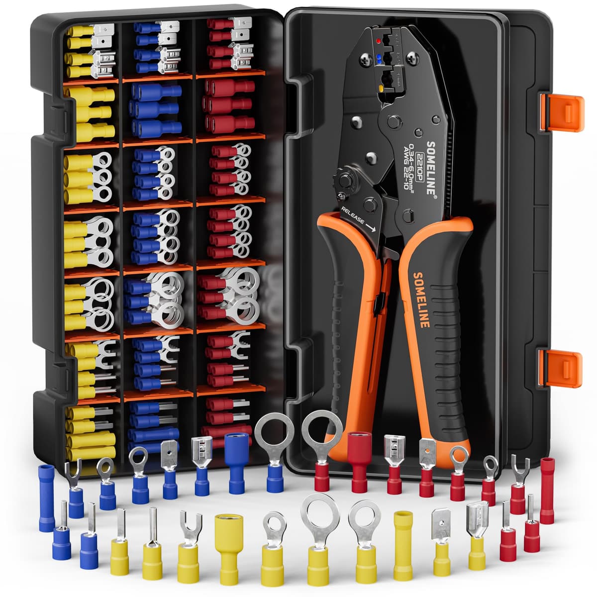 SOMELINE Kit de Crimpadora Terminales Eléctricos, 39 Tipos de Terminales Preaislados, 0,34–6 mm² Crimpadora Autoajustable de Trinquete, para Electricista, Automoción y Bricolaje — view 13