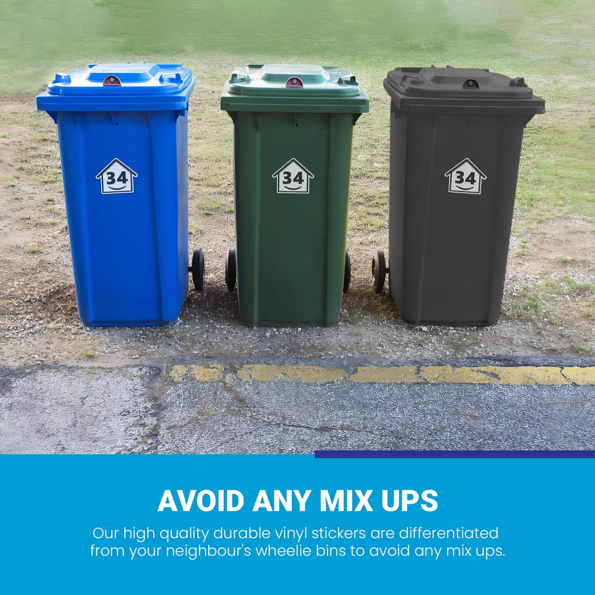 3 x Bin Numbers for Wheelie Bins, 1-99, 15cm ‘Happy House’ Design Dustbin Stickers, Easy Application Stick On Number Stickers - Weatherproof Self Adhesive Vinyl, Black (34) — view 3