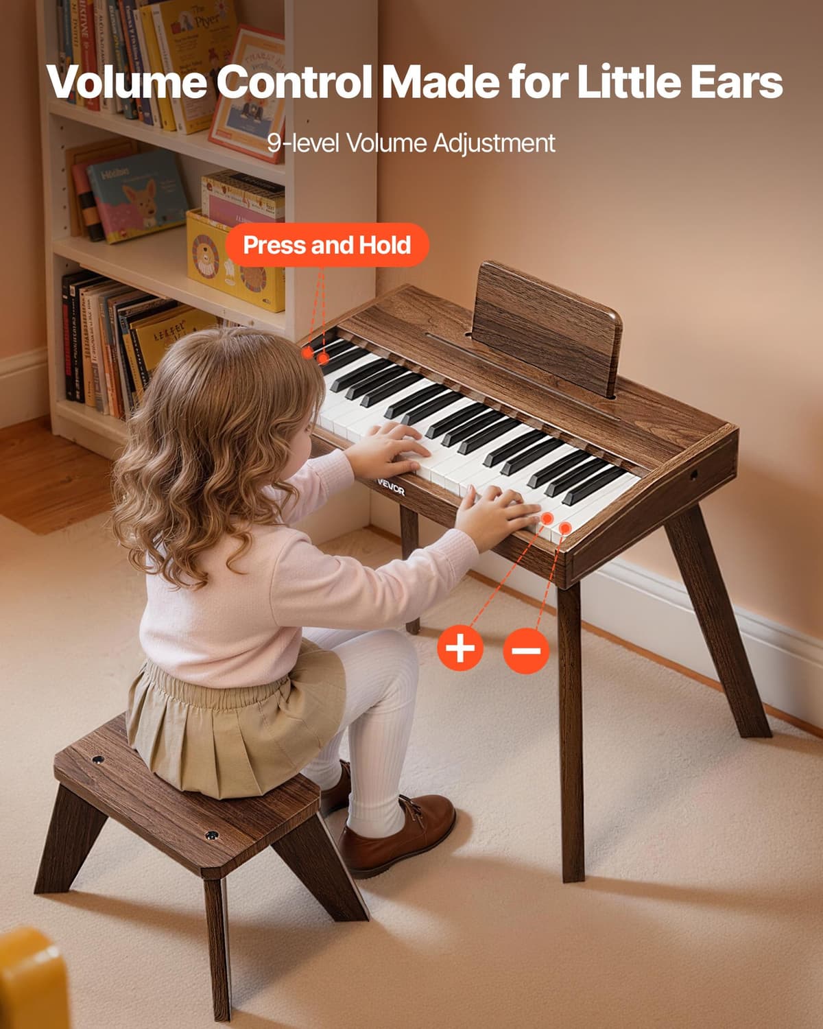 VEVOR Teclado de Piano Infantil 37 Teclas de Madera con Silla, Piano Electrónico para Niños 3-10 Años, Volumen Ajustable, USB-C o Pilas, con Pegatinas de Notas y Hojas de Práctica para Viaje Casa Aula — view 4