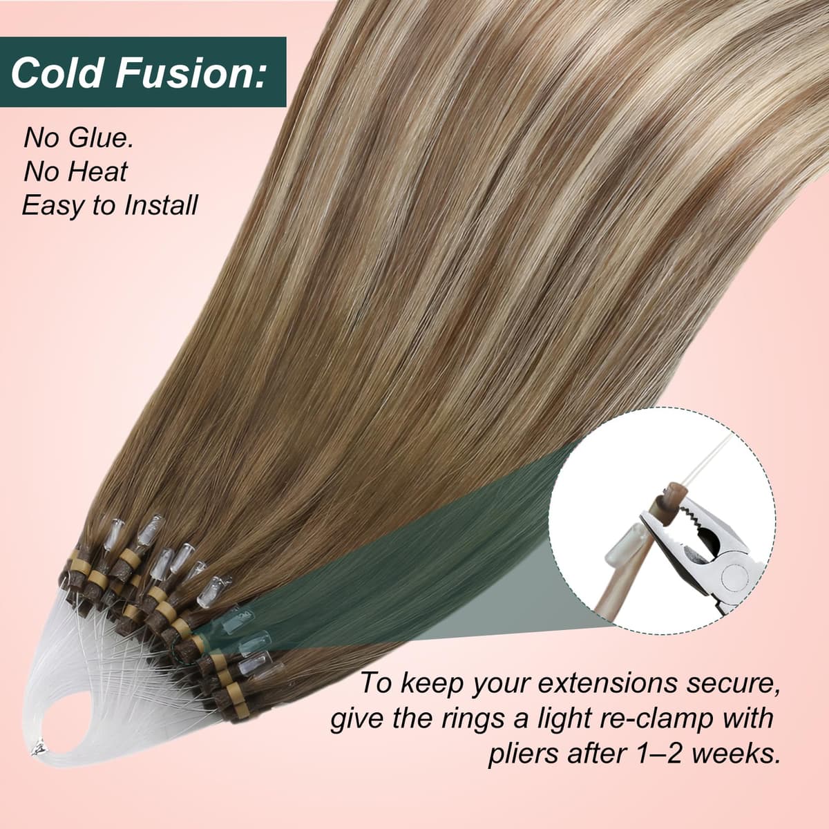 Easyouth Balayage Micro Ring Hair Extensions Ombre Human Hair Micro Beads Hair Extensions Real Human Hair Dark Brown to Light Brown and Medium Blonde Micro Link Human Hair Extensions 16 Inch 50g/50s — view 5