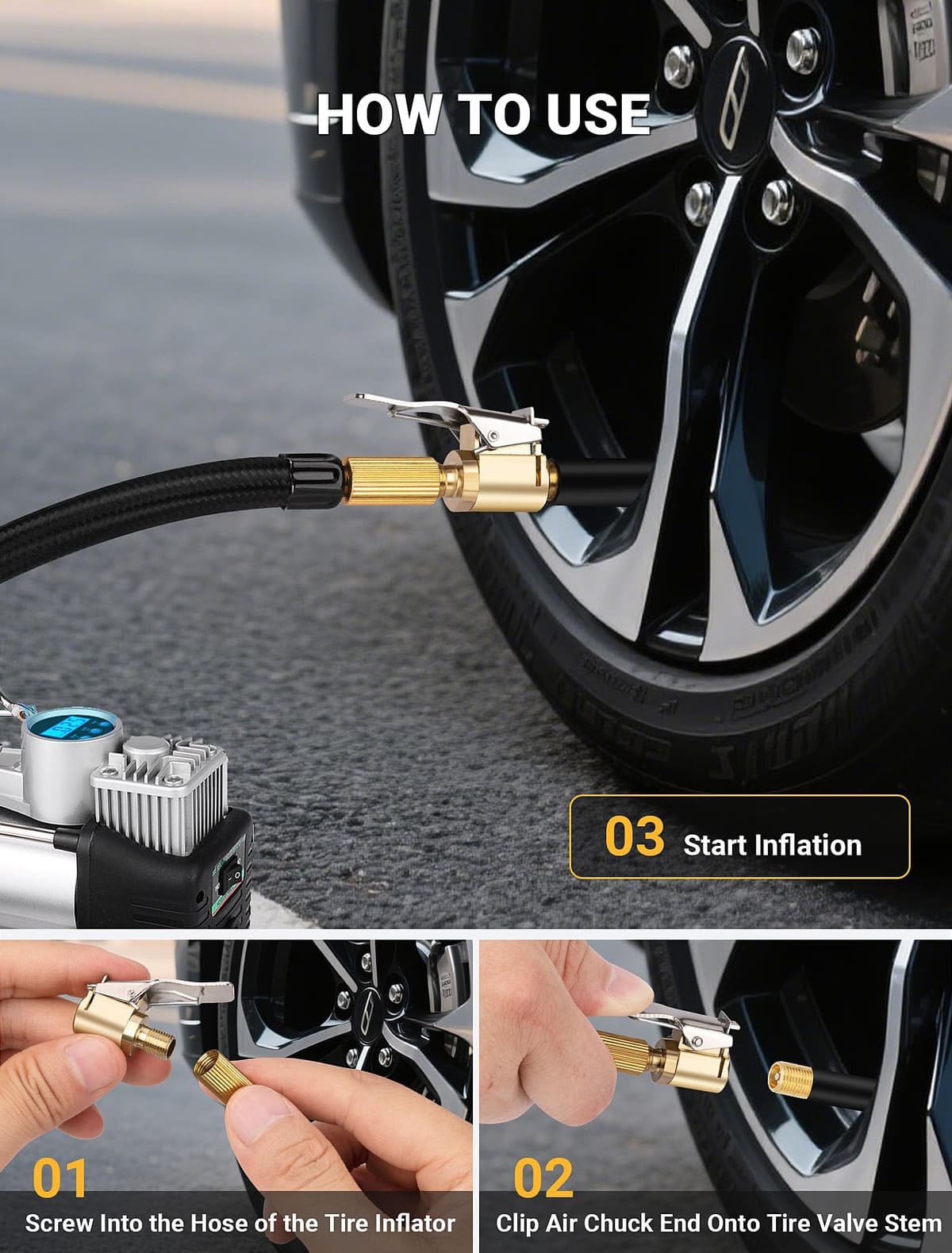 2 Pack Heavy Duty Brass Tire Air Chucks, 8mm Locking Inflator Adapter with Leak-Proof Seal for Car and Truck Tires, Durable Metal Tire Valve Connector — view 5
