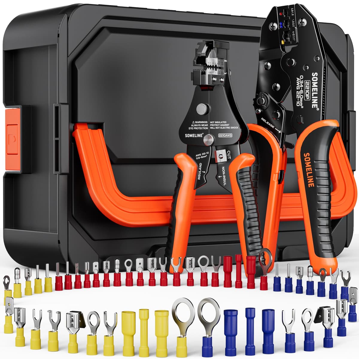 SOMELINE Kit de Crimpadora Terminales Eléctricos, 39 Tipos de Terminales Preaislados, 0,34–6 mm² Crimpadora Autoajustable de Trinquete, para Electricista, Automoción y Bricolaje — view 9