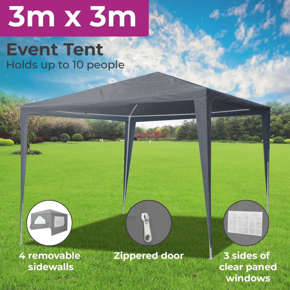 Neo 3X3M Event Gazebo 4 Side Panels Outdoor Waterproof Garden Party Tent Marquee Canopy Shelter Coated Steel Frame (Grey) — view 3