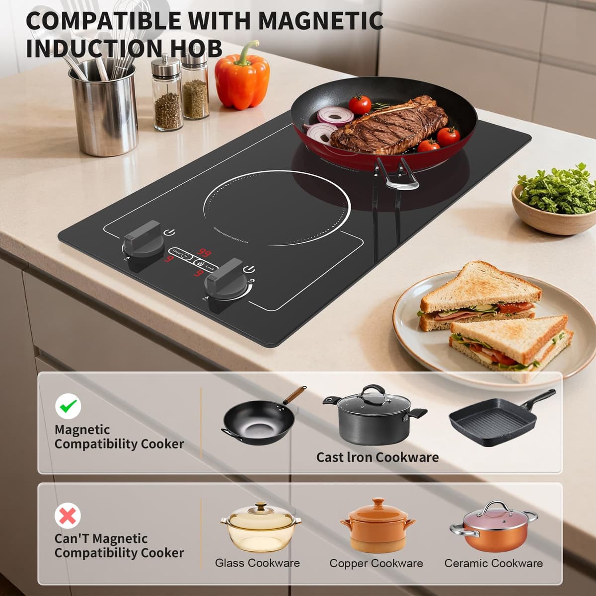 VBGK Induction Hob,220V 3000W twin induction hob with LED Touch Screen, 10 Power Levels, Kids Lock & Timer, Overheat Protection, knob and touch control Double Induction Hob — view 4