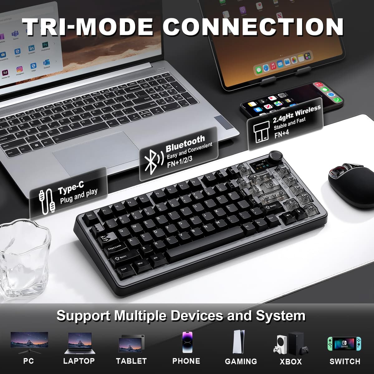 YUNZII B75 Pro MAX Teclado Mecánico Inalámbrico, Diseño 75% con Pantalla TFT y Control Giratorio, Hot Swap, QMK/Via, RGB, BT/USB-C/2,4G para Win/Mac (Negro, Milk V2 Switch) — view 3