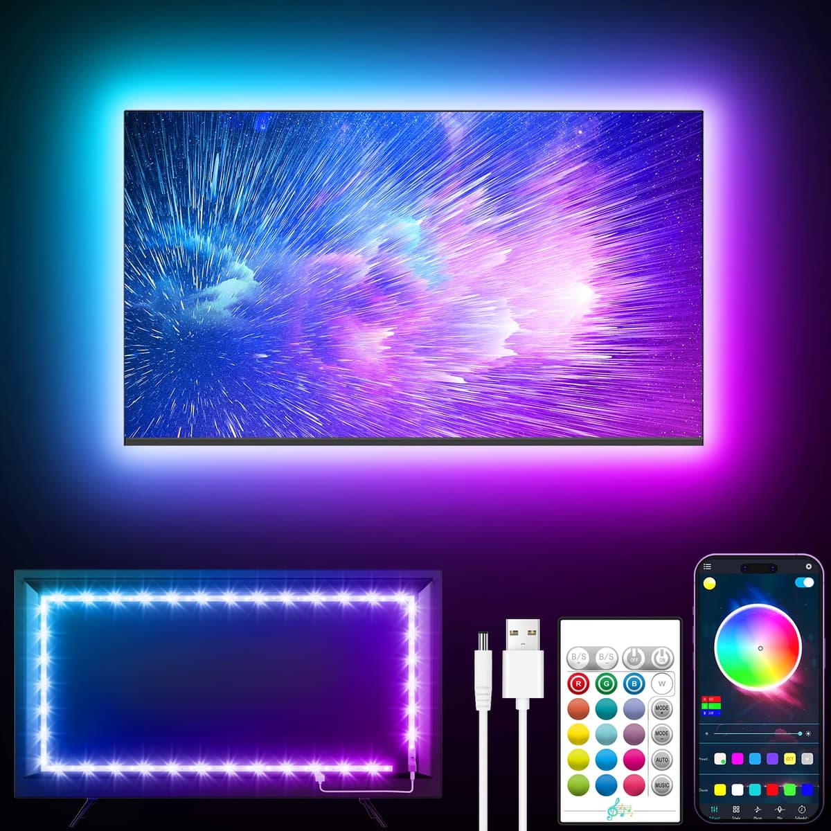 GIPOYENT TV Light Strip, 5M TV Backlight, for 45-75 Inch TV, Music Sync LED TV Light with Bluetooth Function - RGB Color Changing Light Strip for Home Theater (16.4ft) — view 8