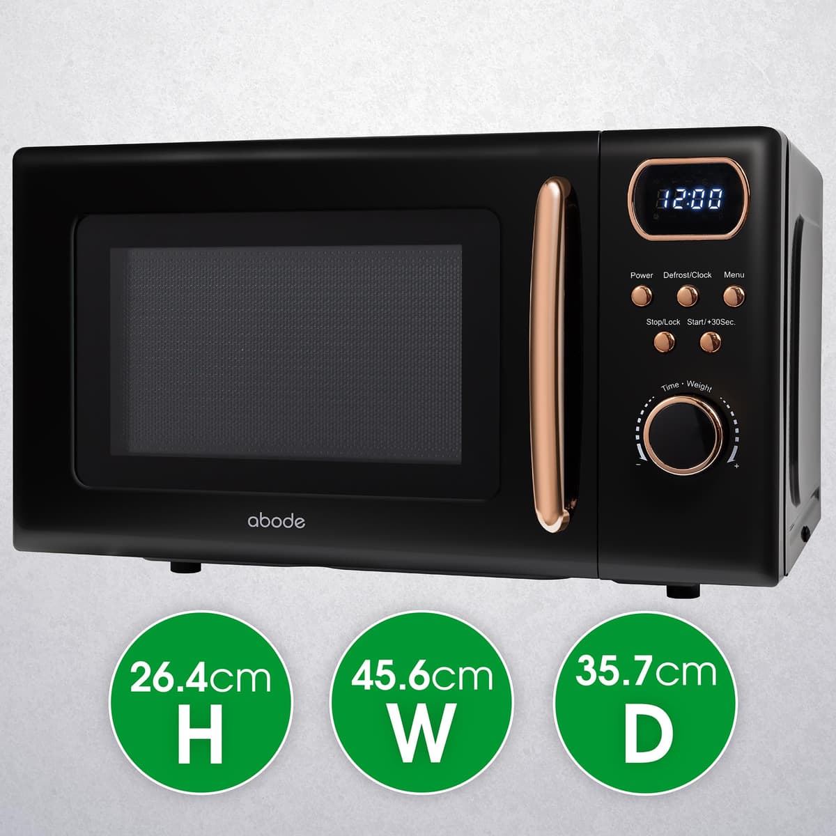 Abode Retro Microwave 20 Litre Black with Rose Gold Accent Digital 800W, Mirror Finish, 8 Auto Cook Settings & Defrost, 5 Power Levels AMD2004BRG — view 2