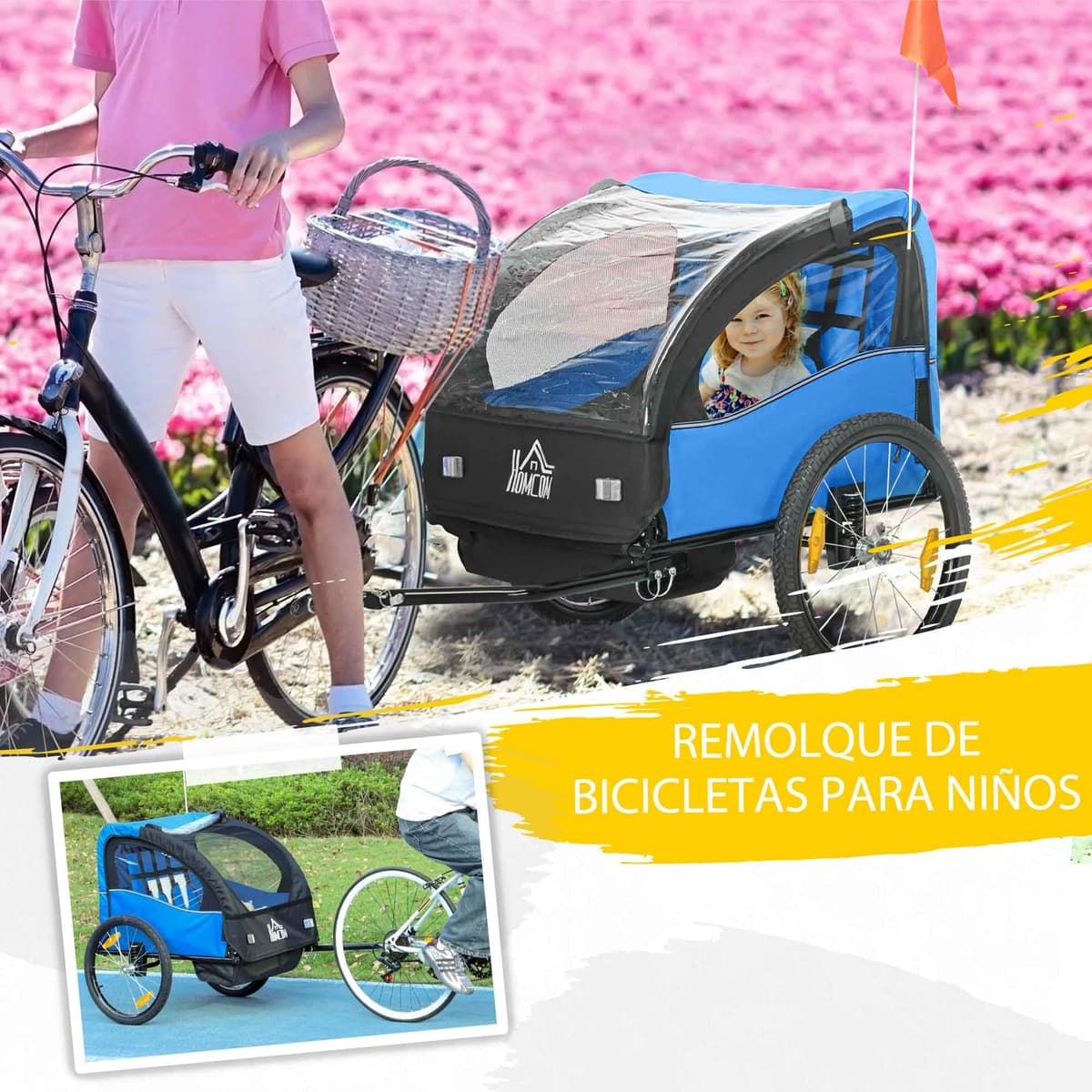 HOMCOM Remolque de Bicicleta para Niños +18 Meses Cochecito para Transporte de 2 Plazas con Cinturón de Seguridad Espacio de Almacenamiento y Sistema de Amortiguador 140x88x90 cm — view 3