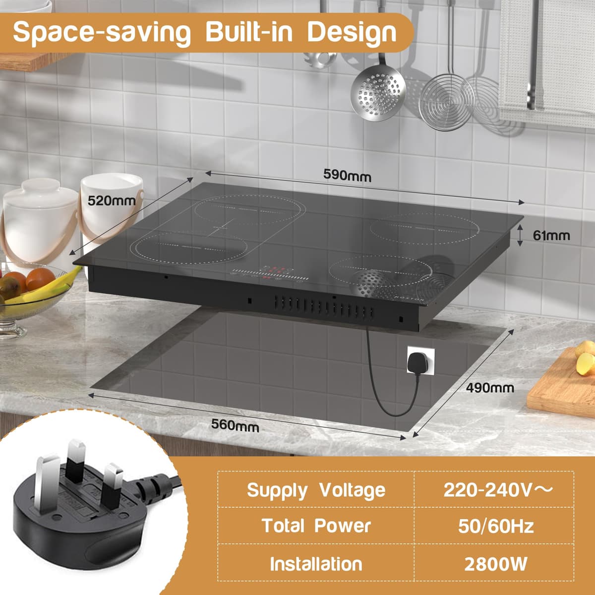 NOXTON Plug in Induction Hob 60 cm Flex Zones with 13AMP Plug, Induction Hob 4 Ring Built-in Slide Control, Timer, Pause Function, Safe lock, 2800W, 220V-240V — view 2