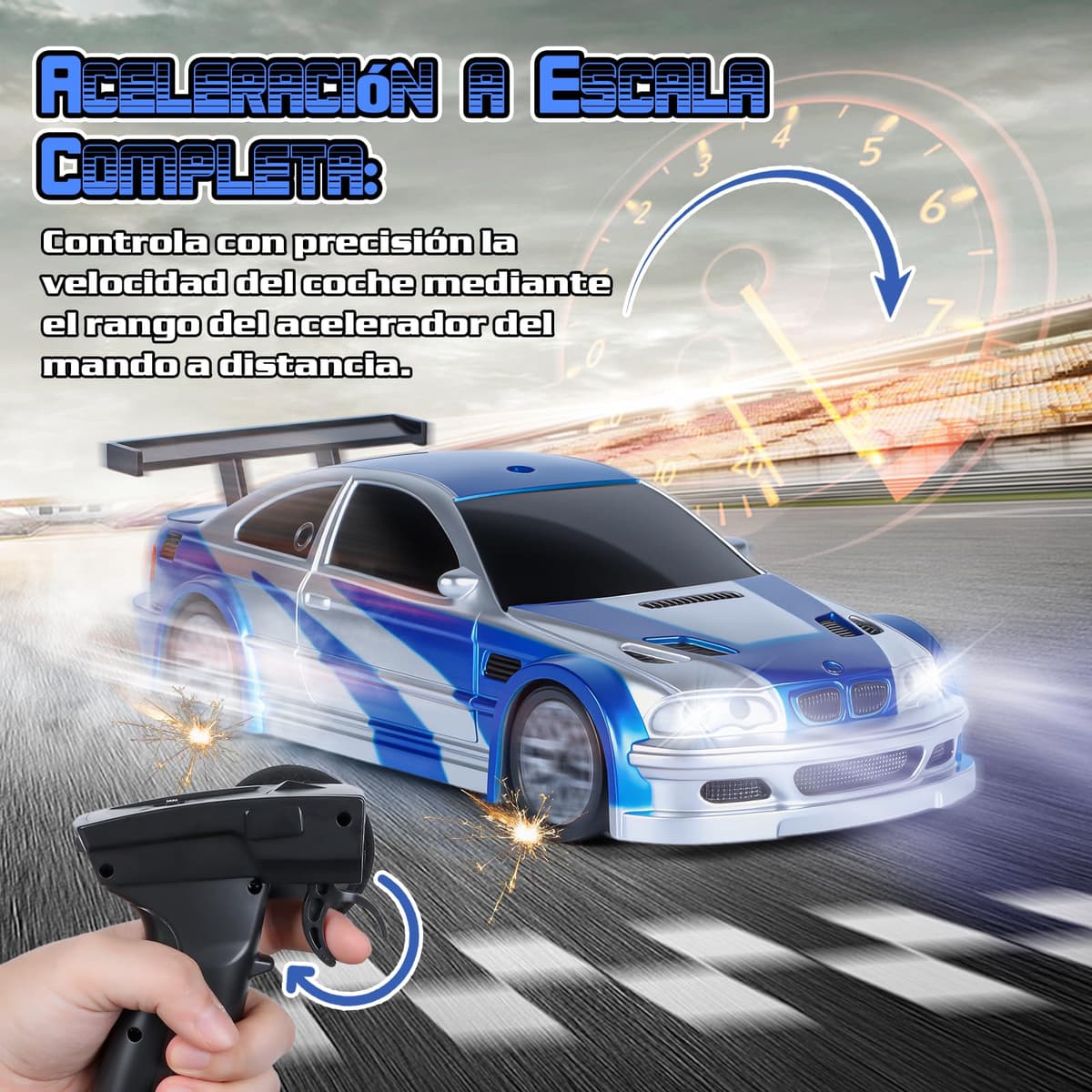 JONRRYIN Coche Teledirigido Drift Pro, 1:43 Mini Drift RC Car, 4WD Car Radiocontrol con Giroscopios y Luces LED, 15km/h, Coche Teledirigido de Juguete para Niños de 14+ Años (Azul Pro-Gyro) — view 4