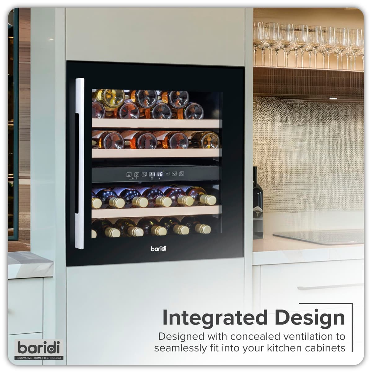 Dellonda Baridi 60cm Built-In 36 Bottle Wine Cooler with Beech Wood Shelves and Internal LED Light, Black - DH117 — view 3
