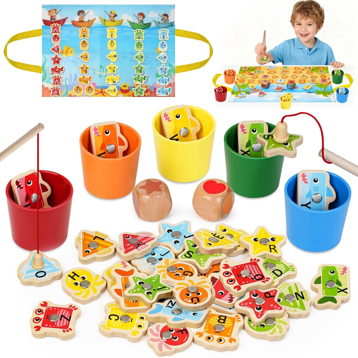 Toys Children 2 3 4 Years, Montessori Toys 2-3 Years Wooden for Fishing in Spanish - Educational Games Children 2-3 Years, Birthday Gifts or Christmas Gifts Children 2 3 4 5 6 Years