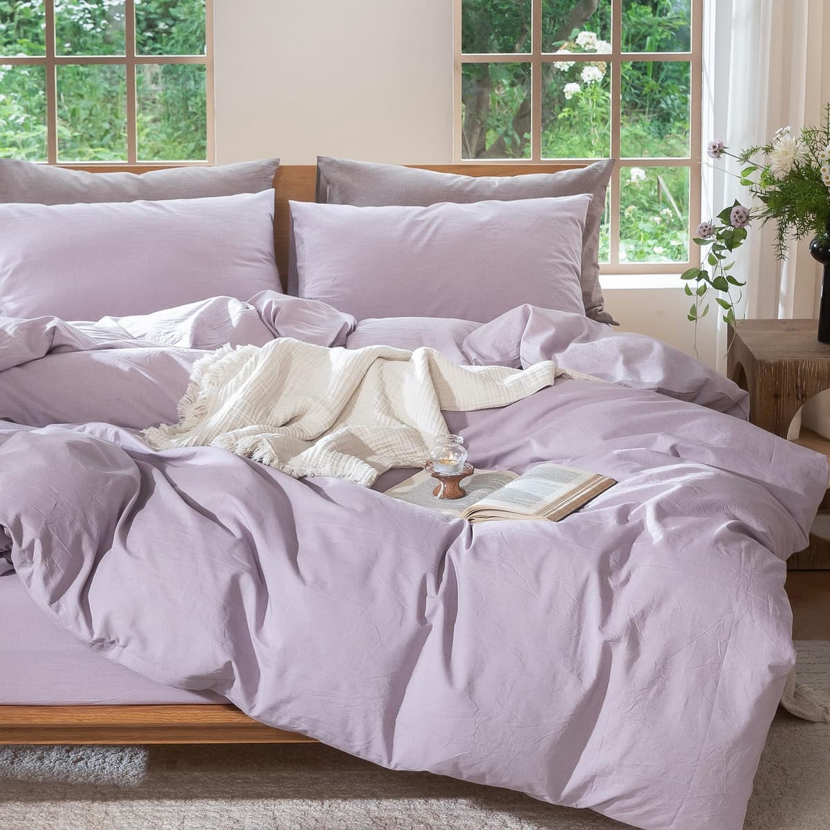 MooMee Bedding Duvet Cover Set 100% Washed Cotton Linen Like Textured Breathable Durable Soft Comfy (Tannish Linen Grey, King) — view 230