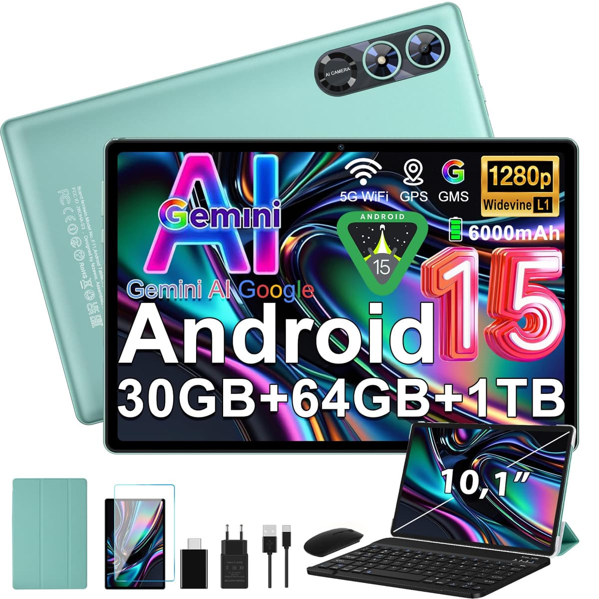 fezawio Android 15 Tablet 10 Pulgadas Gemini AI, Tablet PC Octa-Core, 30 GB RAM + 64 GB ROM (1TB TF), 3.5mm Audio/GMS/WiFi 6 & BT 5.0 / 6000mAh / GPS/Widevine L1, Tableta con Teclado-Morado — view 10
