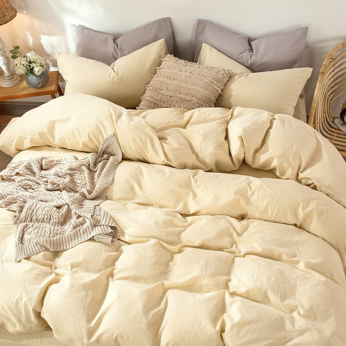 MooMee Bedding Duvet Cover Set 100% Washed Cotton Linen Like Textured Breathable Durable Soft Comfy (Tannish Linen Grey, King) — view 168