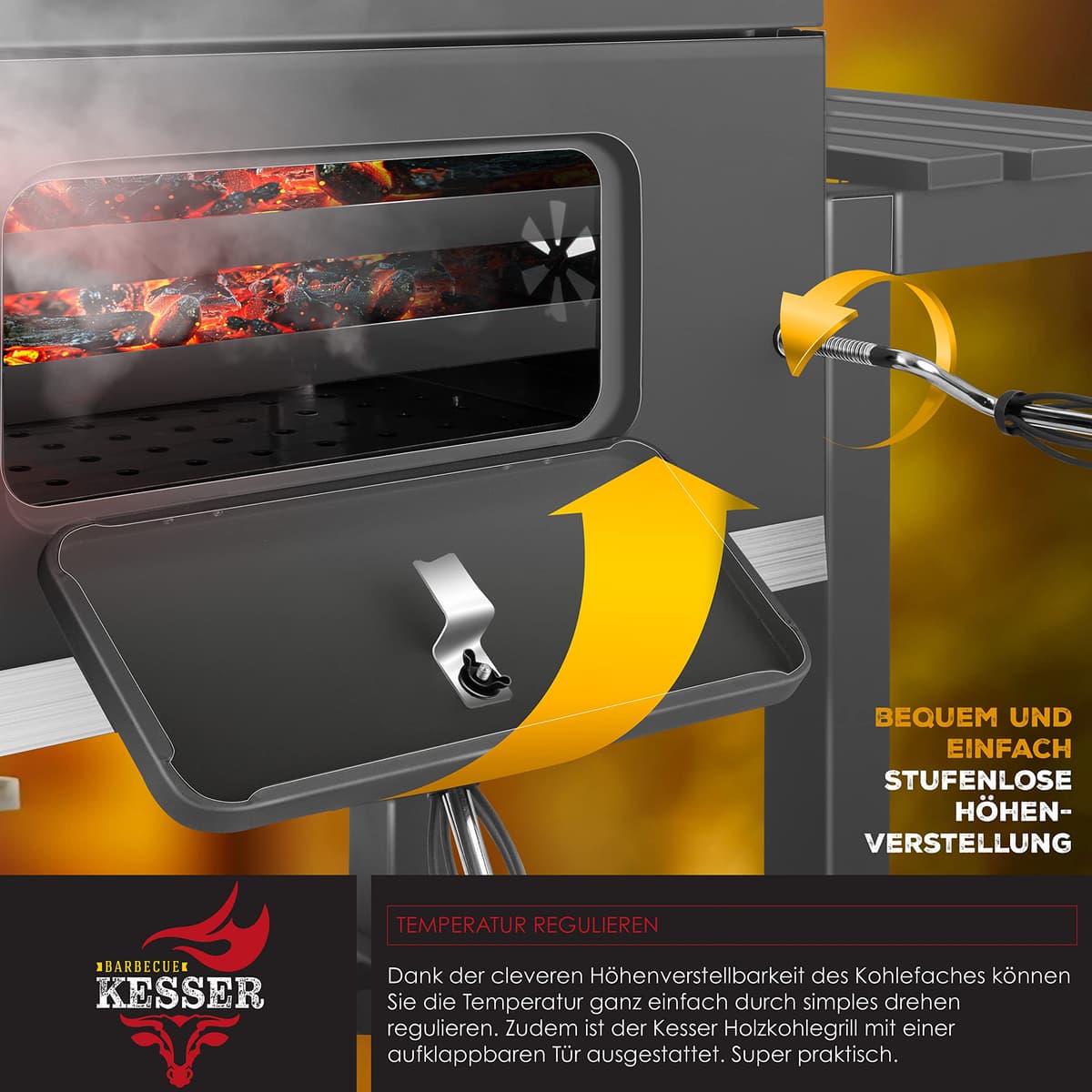 KESSER® Parilla de Carbón con Carrito Grill con Tapa, Ruedas, Mango de Acero Inoxidable | Barbacoa y Termómetro Carbón Grande BBQ Asador Camping, Terraza, Jardín XL Gris — view 5