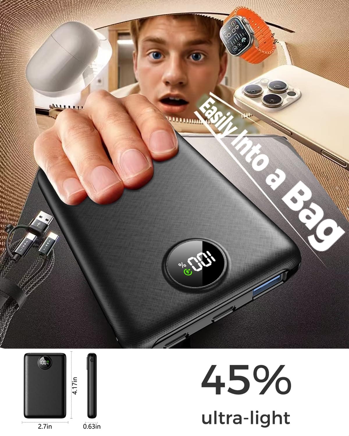 Power Bank Fast Charging 10000mAh, 22.5W Portable Charger(USB-C Input & Output), PD 3.0 QC 3.0 External Mobile Phone Battery with LED Display, Compatible with iPhone 17 16 15 14 13 12 Pro Max and More — view 7