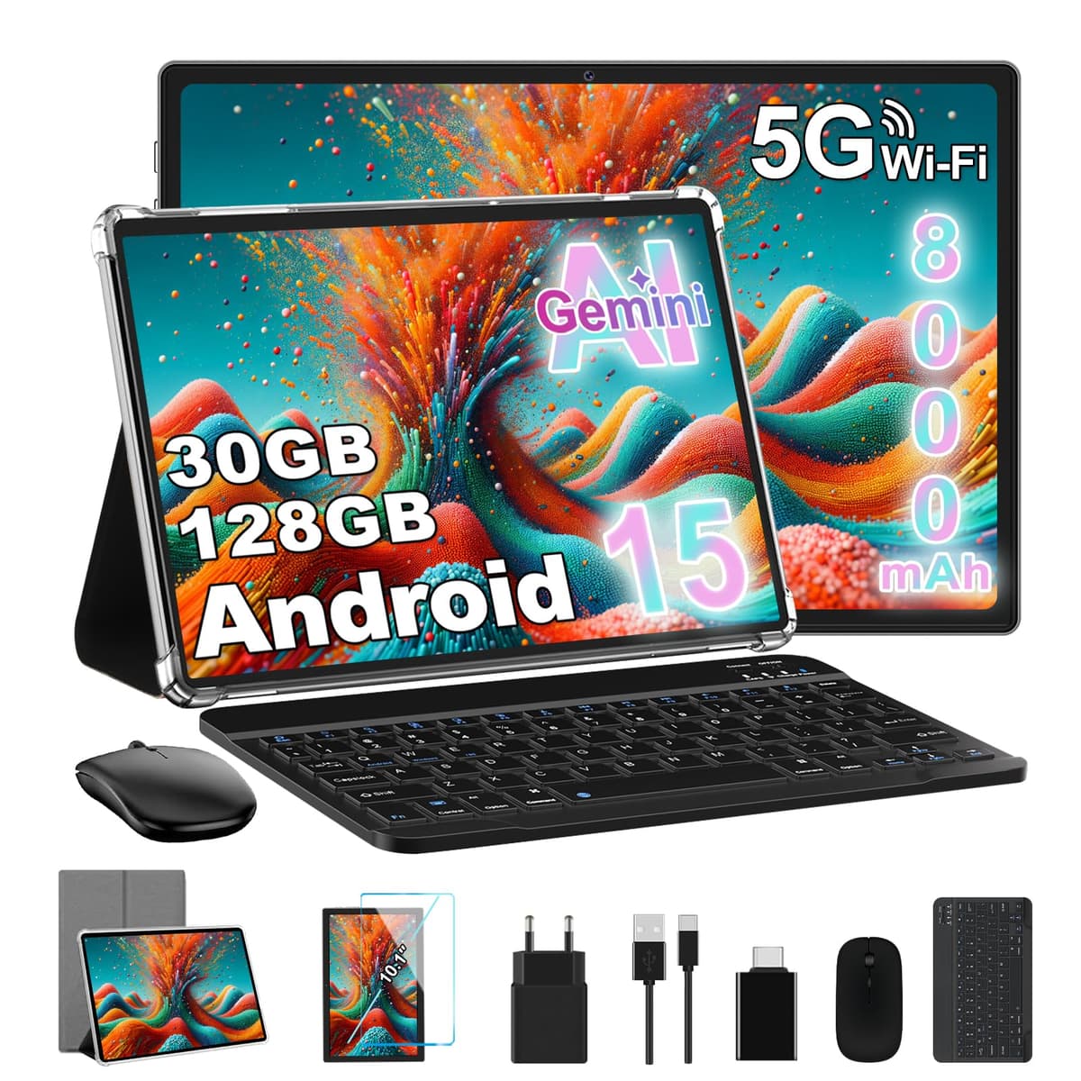 10 Pulgadas Android 15 Tablet 8000mAh Octa-Core, 30 GB RAM + 128 GB ROM (2 TB TF),Widevine L1,FHD IPS,USB-C, Wi-Fi 5G, BT5.0, 5MP+8MP, Pantalla Táctil, Facial ID, Tableta PC con Teclado y Ratón