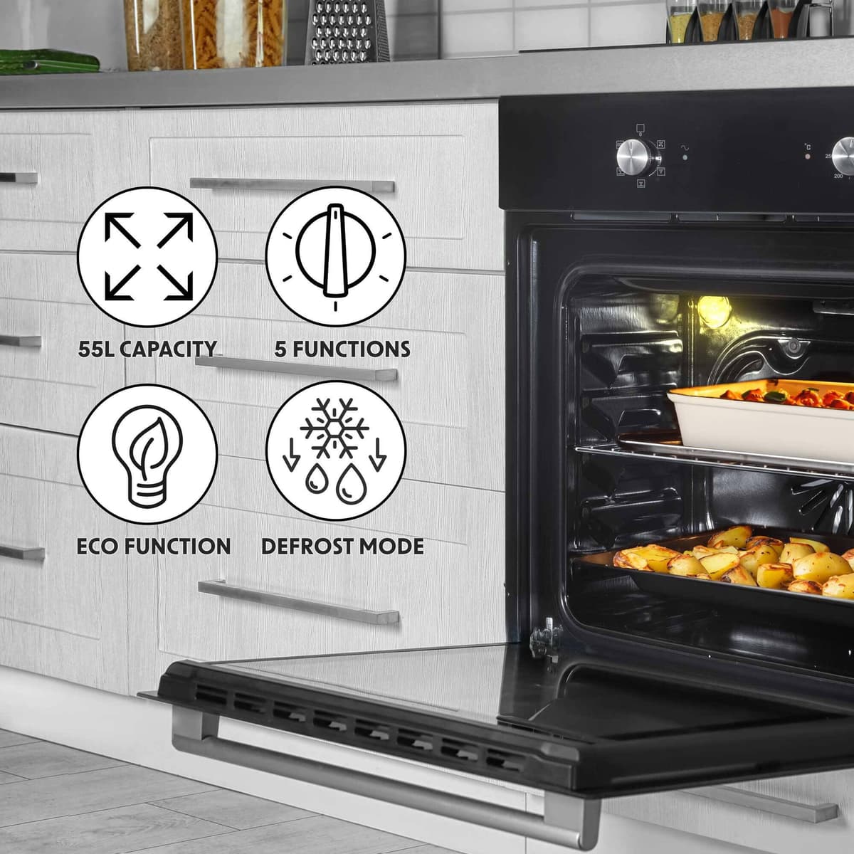 60cm Built-In Five Function Fan Assisted Oven, 55L Capacity, Black - DH124 — view 3